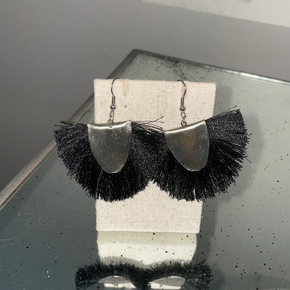 Noonday silver abd black fringe earrings